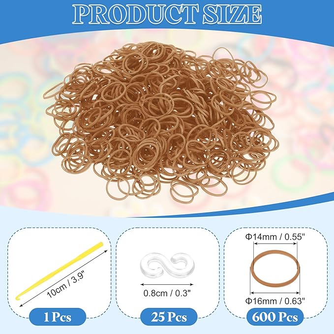 uxcell 600Pcs Loom Rubber Band, Bracelet Making Refill Kit Elastic Loom Band with 25Pcs S-Clips and 1Pcs Crochet Hooks for Weaving DIY Handcrafts, Light Coffee