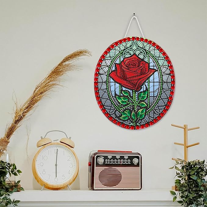SKRYUIE Rose Hanging Diamond Art Kits for Adults Pendant Suncatcher, Special Shaped Crystal DIY Pearl Diamond Painting Kit, Gift for Mother Spring Summer Window Wreath Decor 7.95 x 7.01 Inch A8