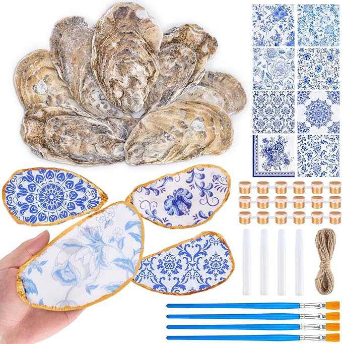 APUDWN 16 Set Natural Oyster Shells for Crafts 4-5 Inch Flat Oyster Shell Kits with Holes Drilled Includes Floral Chinoiserie Decoupage Napkins Glue Paints Twine Brushs for DIY Arts Hanging Ornaments