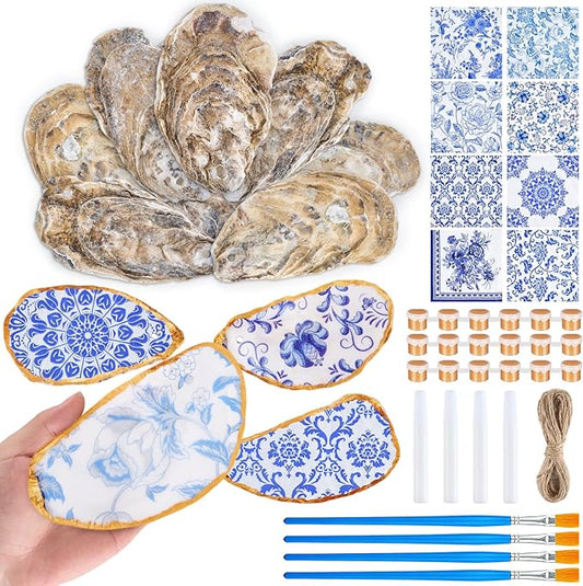 APUDWN 16 Set Natural Oyster Shells for Crafts 4-5 Inch Flat Oyster Shell Kits with Holes Drilled Includes Floral Chinoiserie Decoupage Napkins Glue Paints Twine Brushs for DIY Arts Hanging Ornaments