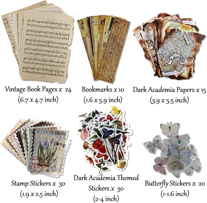 Vintage Aesthetic Scrapbook Supplies Kit with Scrapbook Paper, Stickers, Bookmarks for Scrapbooking, DIY Albums, Junk Journals, Bullet Journals, Dark Academia Aesthetic Decor (Dark1 129 Pcs)