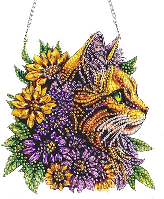 SENQAO DIY Acrylic Diamond Art Painting Cat Kits Special Shaped Rhinestone Diamond Art Window Pendants Home Garden Wall Hanging Kits Hanging Ornament