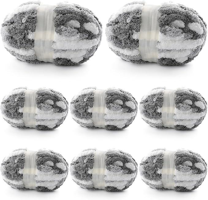 8 Pcs Chunky Yarn for Hand Knitting - Chunky Chenille Yarn for Crocheting - Fluffy Yarn for Crochet - Jumbo Yarn for Hand Knitting 200 yds 61.6 oz of Super Bulky Yarn (Dark Grey-Grey-White)