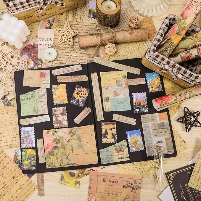 300PCS Vintage Scrapbooking Supplies Scrapbook Paper Journaling Kit Aesthetic Decorative Craft DIY Stickers Kits for Bullet Journaling, Junk Journal, Retro Crafts(Vintage)