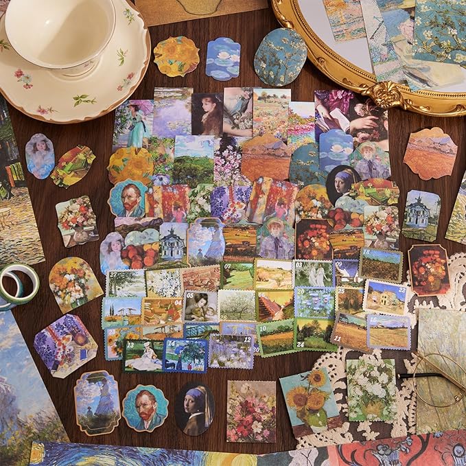 Scrapbooking Supplies Kit Plus 480Pcs, Vintage Van Gogh Oil Painting Aesthetic Scrapbook Kit for Bullet Junk Journal, DIY Journaling Supplies, Stationery, A5 Grid Notebook, Craft Gift Kid Girl
