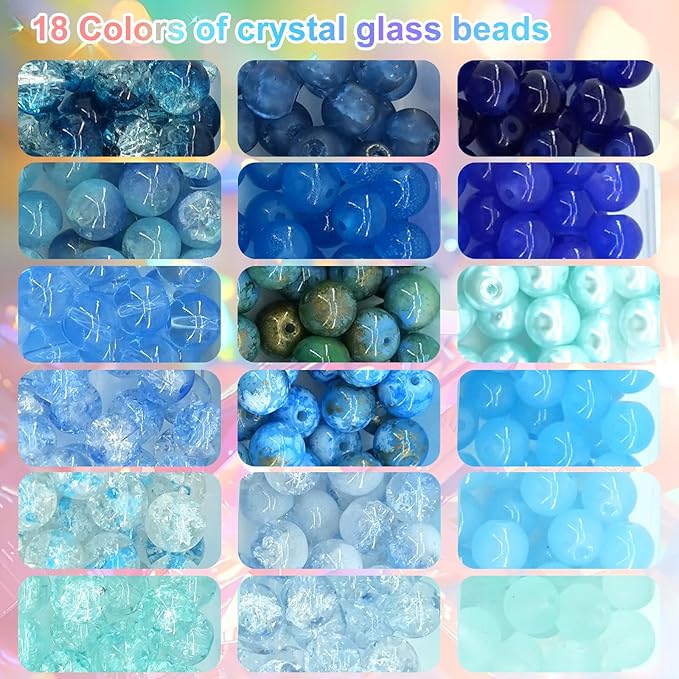 Hanyoung 8mm Glass Beads for Bracelet, Assorted Dreamy Blue Ocean Series 18 Colors 450 pcs Beads for Jewelry Making kit, Crystal Glass Round Beads for DIY Crafts Gifts (Blue Color)