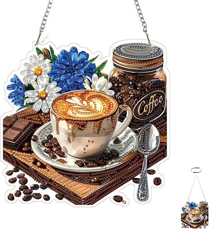 TOSTOG Cappuccino Sign Diamond Art Pendant Kits for Adult, Blue Diamond Painting Hanging Kit for Beginners, 5D DIY Crafts Gem Art, Waterproof Full Accessories for Home Decor Idea 20 * 20 cm/8 * 8 in