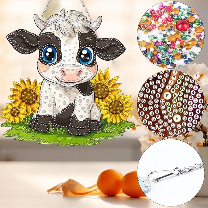 Bimkole Cow Diamond Art Hanging Kit for Adult, DIY 5D Diamond Art Sunflower Window Pendant, Acrylic Crystal Art Hanging Ornament Home Wall Garden Front Door Sign Outdoor Decor 7.8x7.8 Inch