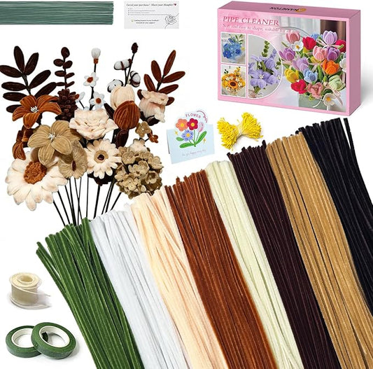 985-Pipe Cleaner Flower Making Kit - 600 Pieces Brown Coffee Beige White Green Chenille Stems with Stamens, Floral Wire & Tape, DIY Rose Sunflower Bouquet Craft Set, Complete Flower Kit
