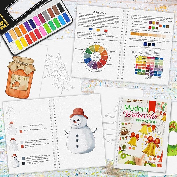 3Pcs Watercolor Workbook Paint Book Beginner Friendly Painting Kit, 36 Pages Workbooks with 24 Paint Colors & Brush for Beginners, Stress-Relieving Gift for Women Adults (Winter&Autumn&Christmas)