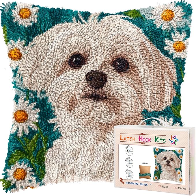 DIY Latch Hook Pillow Kits for Adults Cute Maltese Dog in Daisy Flowers Printed Pillowcase Crochet Yarns Hooking Handmade Pillow Cover Cushion for Home Sofa Decor 17x17inch(4)