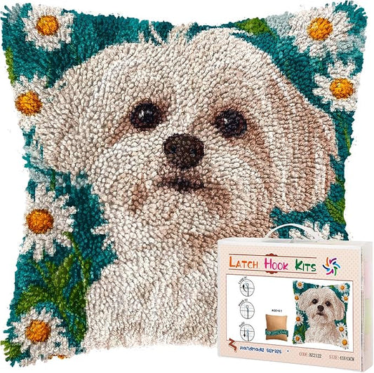 DIY Latch Hook Pillow Kits for Adults Cute Maltese Dog in Daisy Flowers Printed Pillowcase Crochet Yarns Hooking Handmade Pillow Cover Cushion for Home Sofa Decor 17x17inch(4)