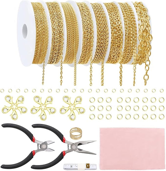 Fesorsi Gold Chain for Jewelry Making, 65ft 8 Style Steel Jewelry Chain, Electroplating Process, for DIY Necklace Chains, Tassel Pendants, with Jump Ring, Lobster Clasp, Pliers