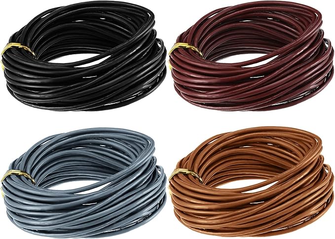 WILLBOND 24 Meters Round Leather Cord for Jewelry Making, 4 Pcs 2 mm Wide Leather Jewelry Ropes, 4 Colors for Necklace Bracelet Making Kit (Black, Wine Red, Light Grey, Brown)