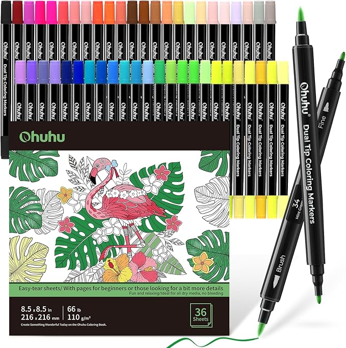 Ohuhu Markers Brush Tip 48-colors with 36-sheet Coloring Book - Double Tipped Markers for Adults Coloring Books - Art Marker Set Bundles with 100% Bleed-proof Pages - Fine & Brush Dual Tips