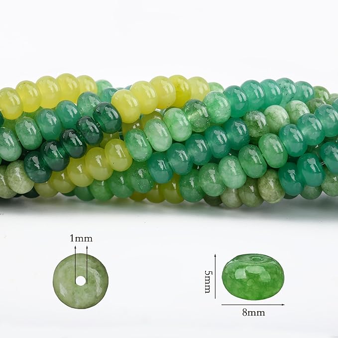 2 Strands (150PCs) Green Shade Jade Rondelle Beads, 5 * 8mm Gemstone Loose Spacer Abacus Disk Beads for DIY Bracelet Necklace Earrings Jewelry Making, Craft Supplies Beading Kit