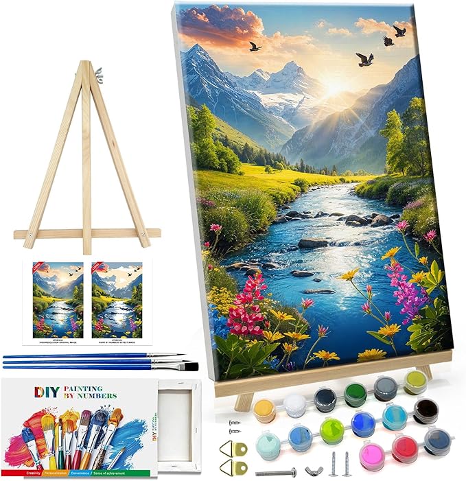 ATDMS Paint by Numbers Kit for Adults with Frame Landscape Paint by Number with Easel Mountain Easy Adult Paint by Number Kits Sunset Paint by Numbers Kit on Canvas for Gift Home Wall Decor 8x12 Inch