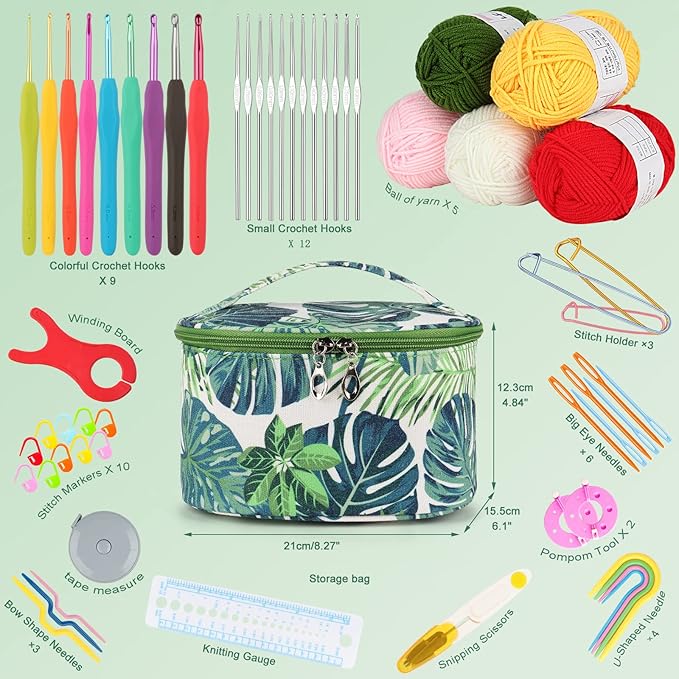 aeelike crochet kits for beginners with yarn, learn to crochet set included crochet hooks supplies diy tools,crocheting kit for adults kids with portable green leaves bag