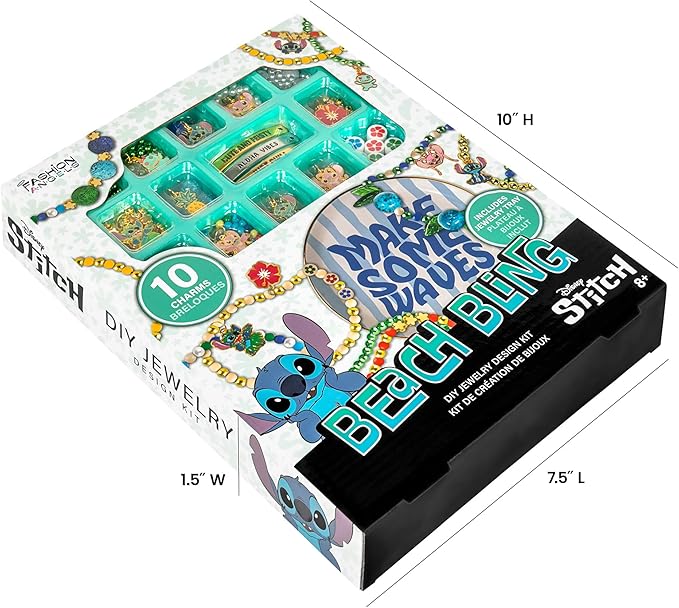 Fashion Angels Disney Stitch Jewelry Making Kit with Ceramic Trinket Tray – DIY Bracelet & Necklace Bead Set with Charms, Message Bars, and Elastic Cord for Kids & Tweens