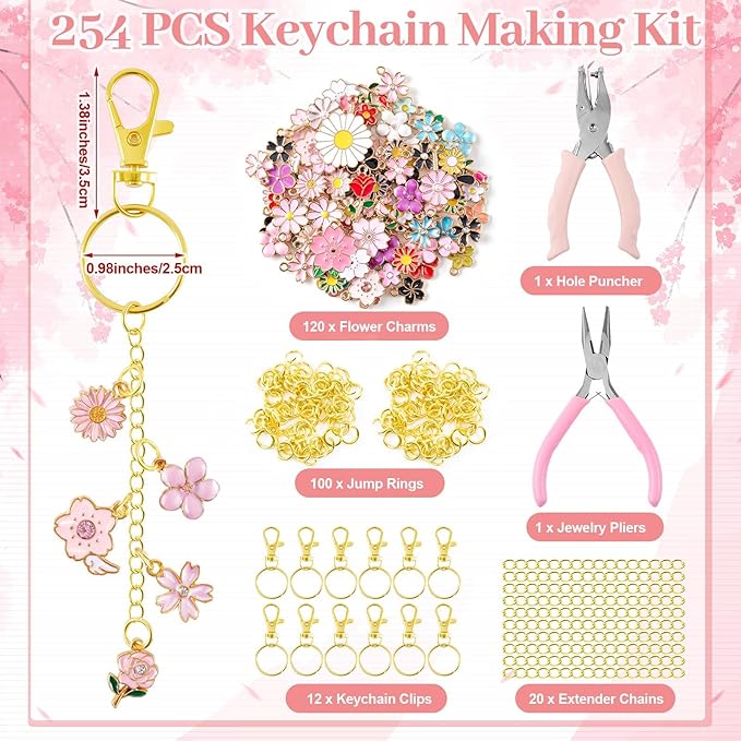 PYURTHITY 254 Pcs Flower Charms Lip Gloss Keychain Making Kit Include Colorful Floral Enamel Charms Keychain Clips Extender Chains Jump Ring Plier DIY Jewelry Crafts Gifts for Women Adults