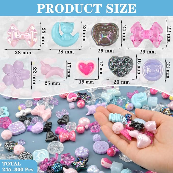 ABONDEVER 245-300Pcs Assorted Acrylic Beads for Bracelets Making Cute Star Bow Flower Candy Heart Gummy Bear Butterfly Aesthetic Beads for DIY Jewelry Crafts Keychain Necklace Phone Charms(5 Colors-B)