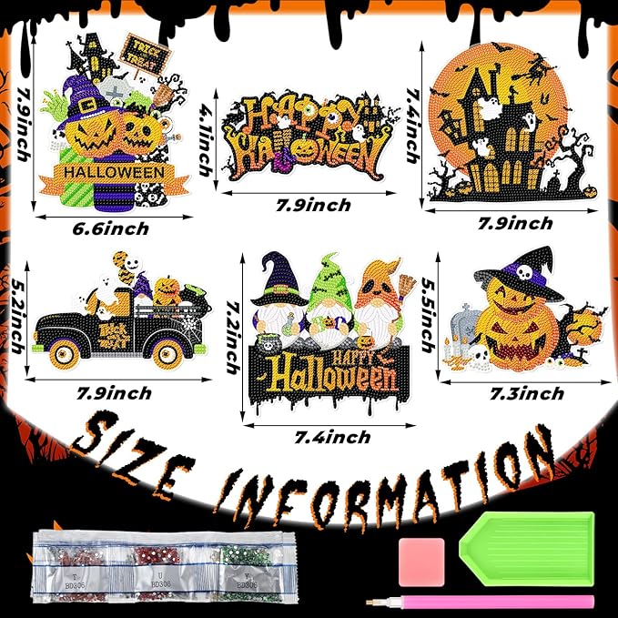 Zonon 6 Pcs Halloween Diamond Painting Hanging Sign Set 5d Gnome Pumpkin Diamond Art Set for Adults DIY Art Pendant Ornaments Kits Acrylic Bat Skull Ghost Truck for Halloween Wall Door Window Decor