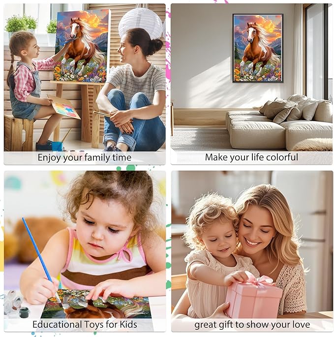 EOBROMD Framed Paint by Numbers Kits for Adults - Wooden Easel, Animal Horse DIY Kits Crafts for Beginner on Stretched Canvas, 3 Brushes and Acrylic Paint for Home Decor 10x14 Inch