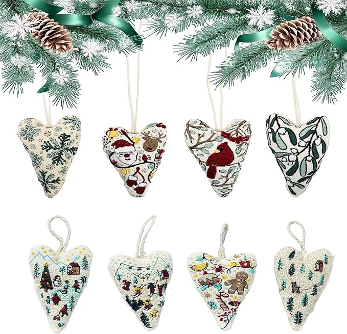 GDGJWL DIY Heart Shaped Hand Embroidered Christmas Ornament Kit Complete Craft Set with Pre-Printed Fabric Embroidery Thread Holiday Cross Stitch Decor for Beginners Adults and Home Decor (DIY)