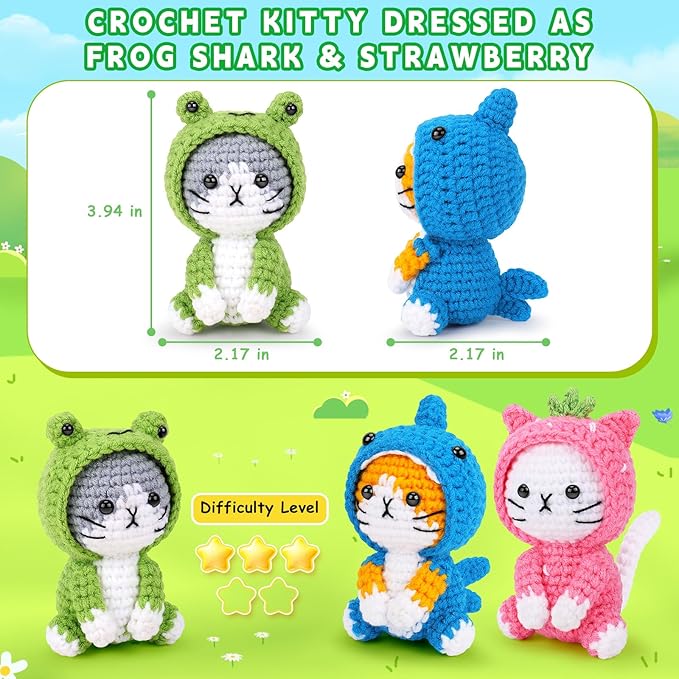 Crochet Kit for Beginners - 3 PCS Crochet Kits with Step-by-Step Video Tutorials, Beginner Crochet Kit for Adults, Crochet Animal Kit for Starters, Cat Dressed as Shark Frog Strawberry