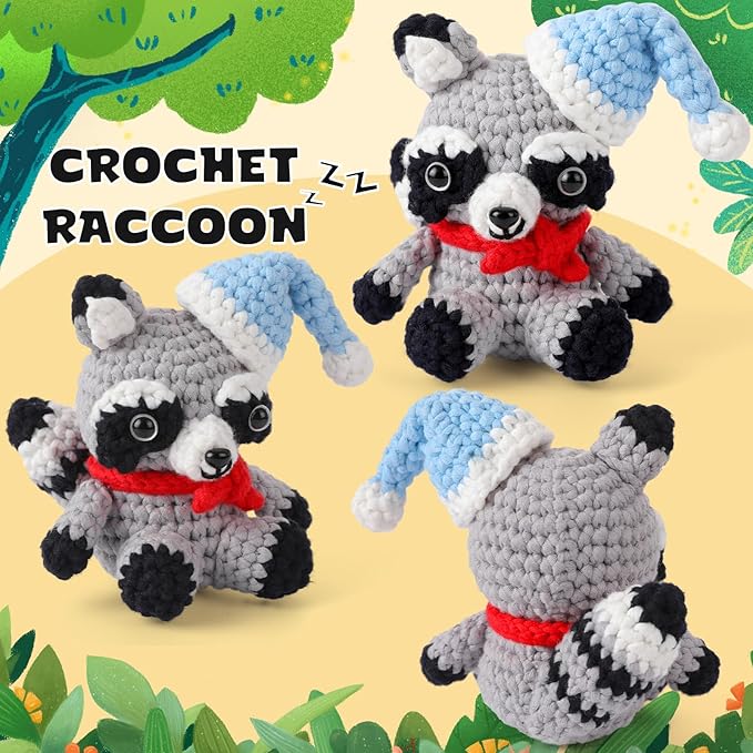 CrochetBox Crochet Kit for Beginners Adults - Raccoon Starters Crochet Kit, Beginners Crocheting Kitting for Adults Teen, Craft Gifts with Crochets Yarns, Hook, Step-by-Step Video, Instruction