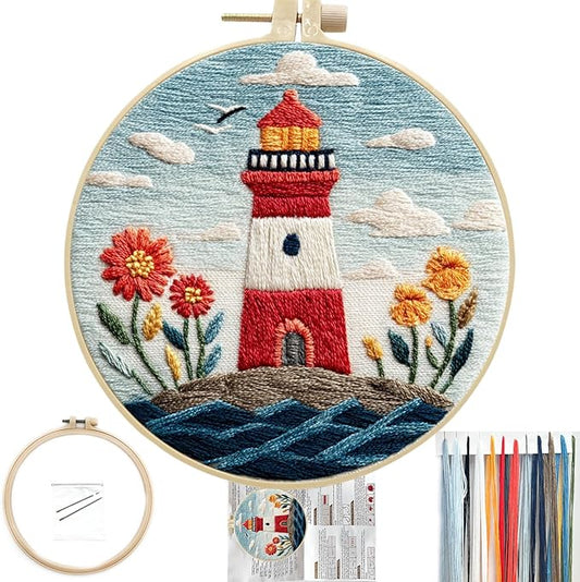 FONNUY Embroidery Kit for Beginners, Lighthouse Landscape Flowers Pre-Stamped Pattern Kits for Adults with Hoop, Easy to Follow Color Thread Needlework, 8'' Hoop (Blue)