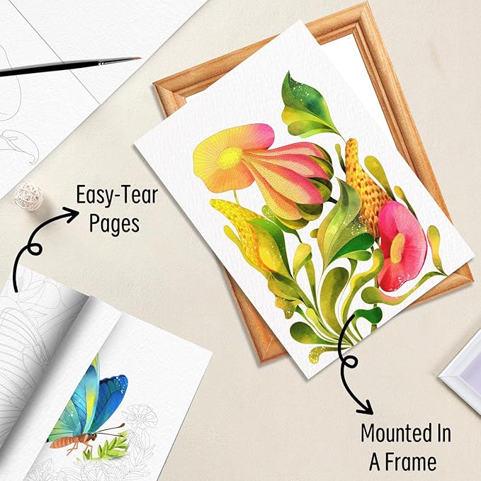 3Pcs Watercoloring Book, A4 Water Coloring Paint Book Beginner Friendly - Watercolor Coloring Books for Adults, 36 Pre-Printed Designs (Without Paint or Brushes) - Butterfly & Nature & Plant