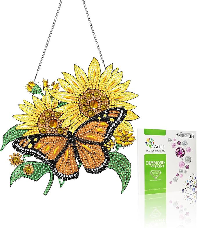 VAIIEYO Butterfly Diamond Painting Hanging,Sunflower Double Side Window Hanging Kit with Chain, 7.5x7.5 inch Crystal Pendant Art Craft for Gift Wall Front Door Decoration-2