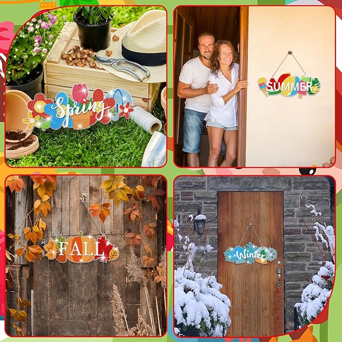 Cinnvoice 12 Pcs Seasonal Diamond Art Wreath Kits Holiday 5d DIY Diamond Art Hanging Signs Winter Spring Ornaments for Wall Door Decoration(Rustic)