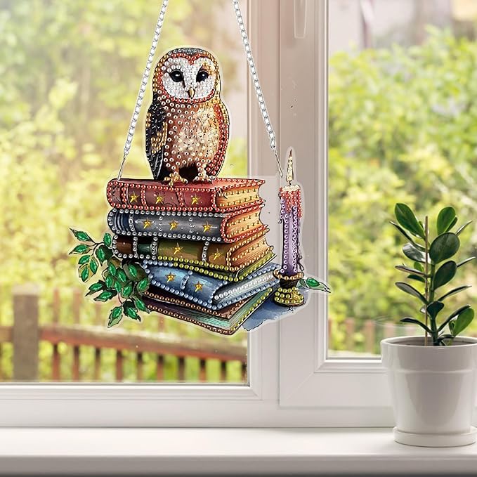 HEIBAGO Diamond Art Hanging Kits for Adults Kids, Hanging Diamond Art Owl, 5D Special Shaped Crystal Diamond Painting Kit,DIY Pattern Window Pendant for Home Wall Decor 8.3x8.3Inch