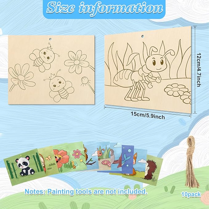 COCHIE 10 Pieces Large Cute Animals Unfinished Wood Crafts to Paint for Adults, Bulk Predrilled Wooden Ornaments for Painting, Animal Paintable Wood Slices Craft Supplies with Ropes