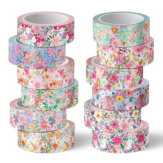 12 Rolls Floral Washi Tapes Watercolor Flower Decorative Masking Tape Set Colorful Spring Wrapping Paper Tape for Scrapbook Journal DIY Art Crafts
