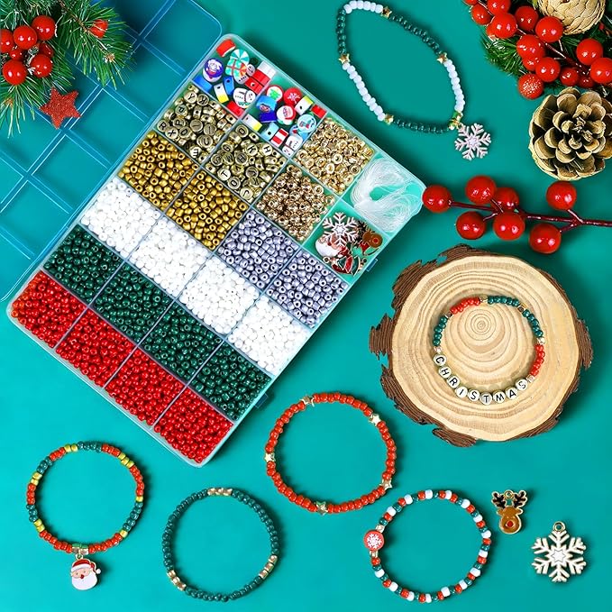 Redtwo Christmas Bracelet Making Kit, 2100 Pcs 4mm Glass Seed Beads Friendship Bracelet Kit, Holiday DIY Craft with Christmas Charms, Gifts for Crafts Lover