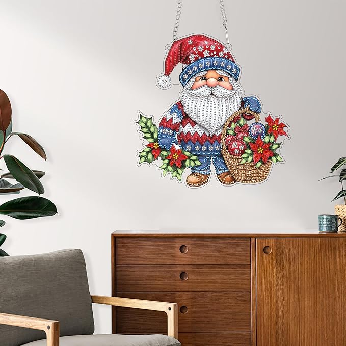 Reofrey Hanging Diamond Art Kits for Adults - 8x8 Inch Christmas Gnome Acrylic Board Double Sided Pattern Diamond Art Suncatcher Pendant, Crystal Art for Home Wall Window Decoration Handmade Gift