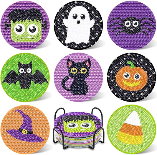 UPINS 8Pcs Halloween Diamond Art Painting Coasters Kits with Holder Diamond Art Non Slip Coaster Kits DIY with Holder Crafts for Adults Diamond Art Painting Kits Supplies
