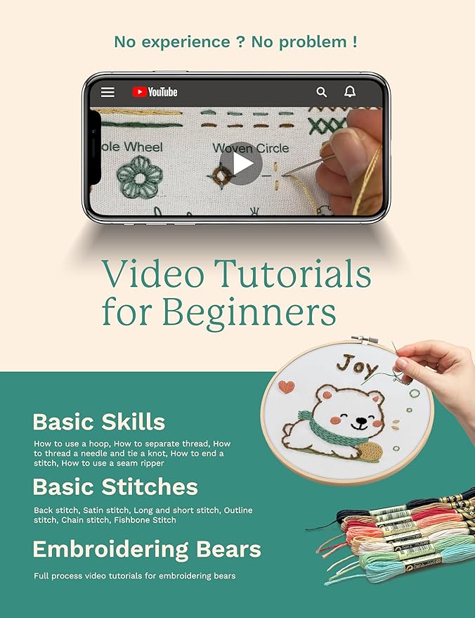 bradove embroidery kit for kids and adults, bears embroidery kit for beginners, easy needlepoint starter kit with 2 display stands