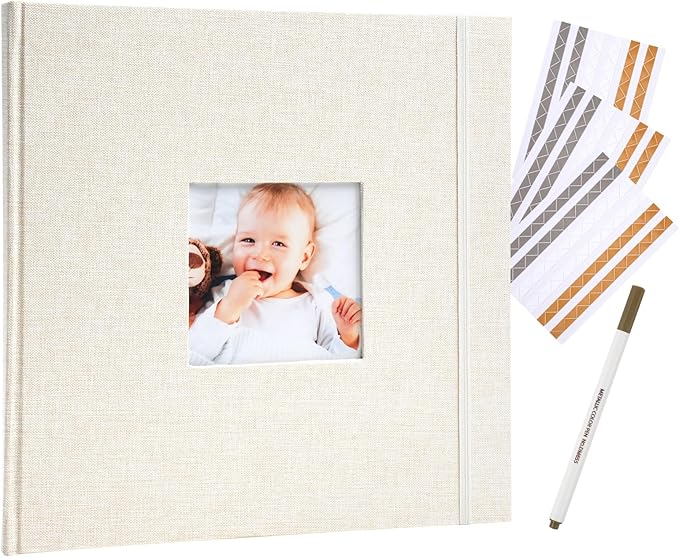 Scrapbook Album, 10"x10" DIY Photo Album with Square Window Linen Cover Kraft Paper 32 Sheets, Stylish Memory Book for Wedding, Anniversary, Family, Travel, Beige