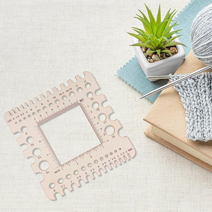 XLIUAX Wooden Rulers, Crochet Stitch Counter Spinner Yarn Measure Needle Gauge Swatch Ruler for Knitting Crochet Gauge Measuring Tool Poplar Square Measuring Tool Multi-Size Holes for Needles(B)