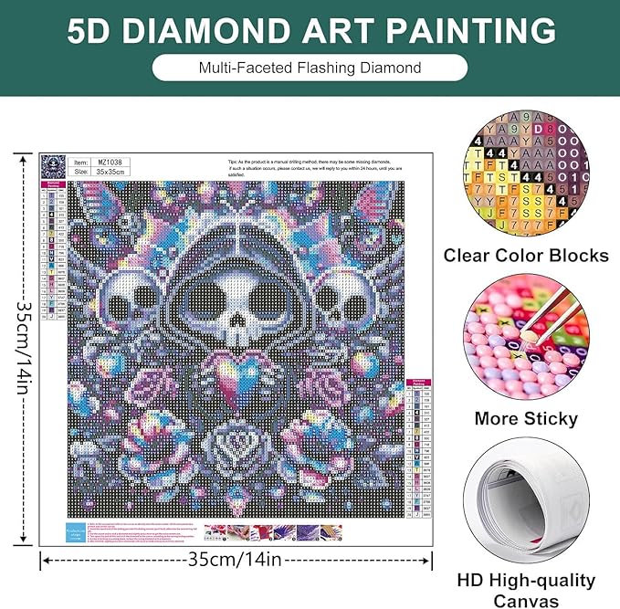 mrpwnle Skull Diamond Art Kits for Adults, Skull Diamond Painting for Kits Adults Beginners, 5D Round Full Drill Gem Art Crafts Kit, Home Wall Decor Gifts 13.8x13.8inch