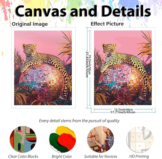 Animal Paint by Numbers Kit for Adults Beginners, Disco Adult Paint by Number Kits on Canvas, Painting by Number, DIY Crafts for Gift Home Decor 16x16 in