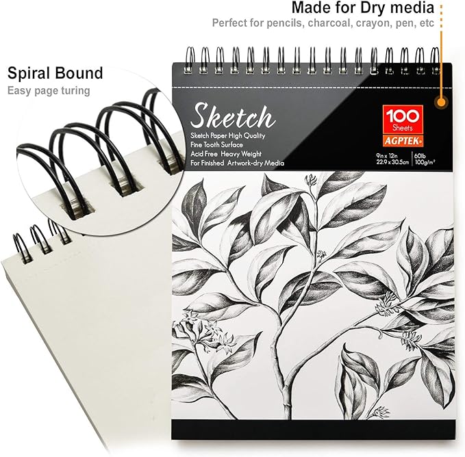AGPtEK Sketch Book, Art Drawing Pad 9 X 12, 100 Sheets, 60lb/100g, 2 Pack