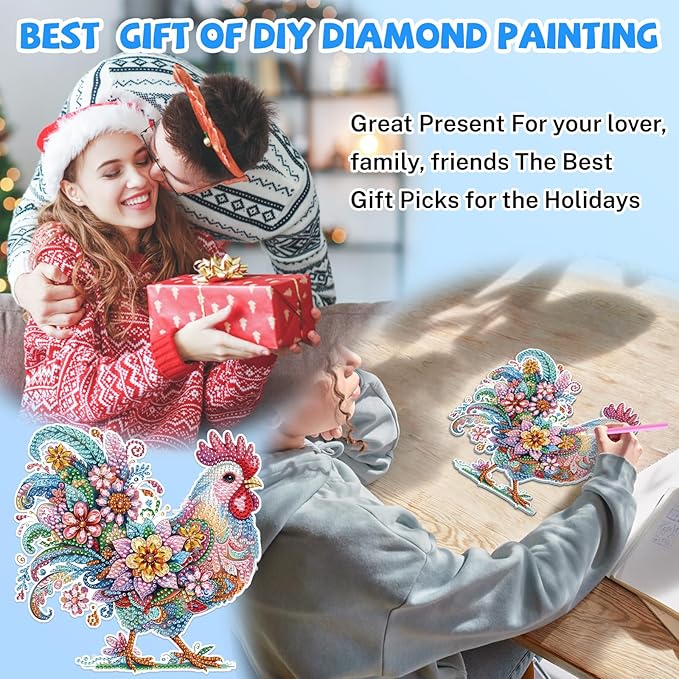 Bowetile Chicken Hanging Diamond Art Painting Kits for Adults, 5D Special Shape Diamond Art Chicken Kits, Crystal Diamond Gem Art Suncatchers Painting Pendant for Home Wall Decor