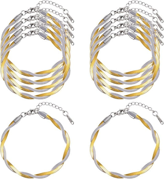 KYUNHOO 6.7 Inches Gold and Silver Twisted Bracelet Chain Set 10 PCS Stainless Steel Herringbone Snake Chains for Bracelets Making with Lobster Clasps and Adjustable Extender