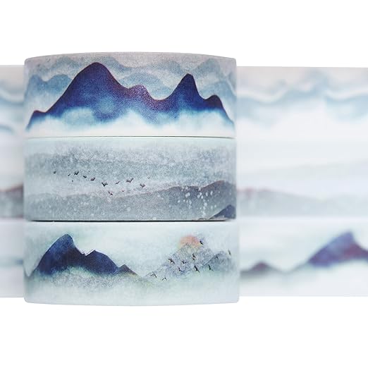 YUBBAEX Cute Printed Washi Tape 3 Rolls Japanese-Style Masking Tape Set Decorative for Arts, DIY Crafts, Journal Supplies, Planners, Scrapbook, Card/Gift Wrapping (Mountain Landscape)