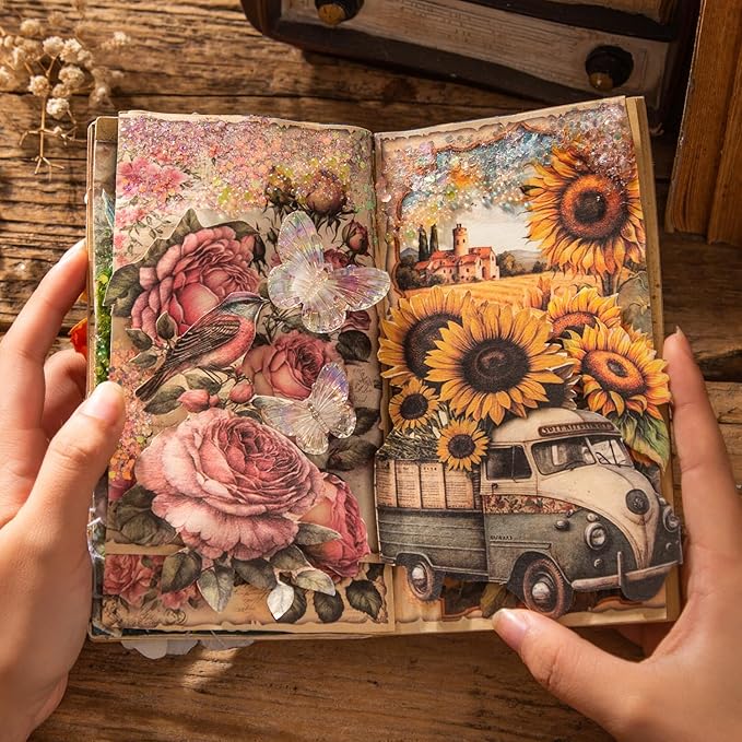 180Pcs Vintage Flower Scrapbook Paper, Ephemera Pack for Journaling and Junk Journal Supplies, Scrapbooking Kit with Glue Tape